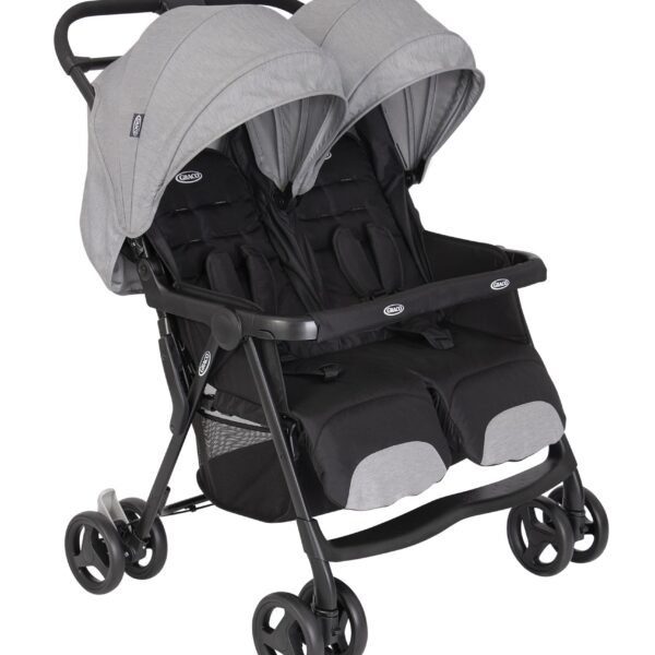 Graco DuoRider™ Doppel-Kinderwagen, ab Geburt bis ca. 3 Jahre, Steeple Gray | Zwillings- und Geschwisterwagen, leicht, schnell zusammenklappbar, großer Staukorb, inkl. Regenverdeck, nutzbar bis 15 kg