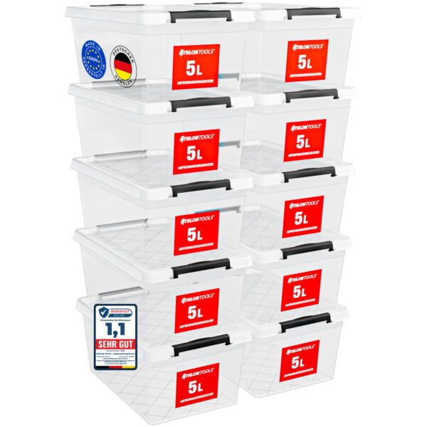 ATHLON TOOLS 10er Set 5l Aufbewahrungsbox mit Deckel klein BPA-frei | 100% Lebensmittelecht - Plastikbox mit Deckel stapelbar - Aufbewahrung & Ordnung - Kunststoff Stapelboxen aus Neumaterial