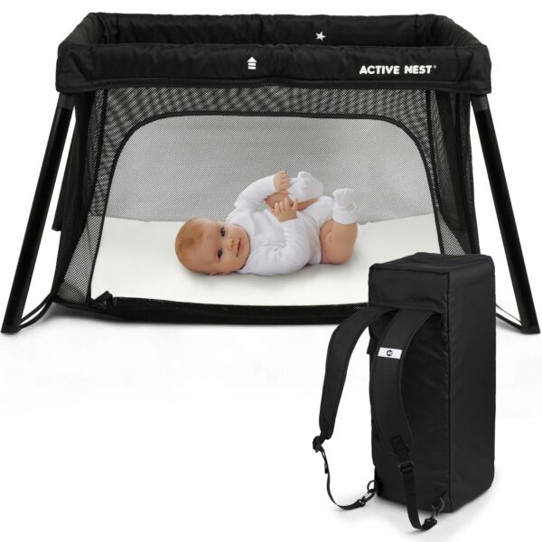 ACTIVE NEST Reisebett Baby mit Matratze – 6 kg leicht & kompakt – mit Rucksack – in 15 Sek. aufgebaut – für Reisen, Besuche & Zuhause – EN 716 geprüft