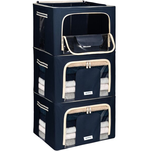 4CONVY Kleideraufbewahrung Kleiderschrank Box mit Reißverschluss Metallrahmen - große faltbare stapelbare Aufbewahrungsbox -3x66L Aufbewahrungstaschen - Kleiderbox für Bettdecke Kleidung Aufbewahrung